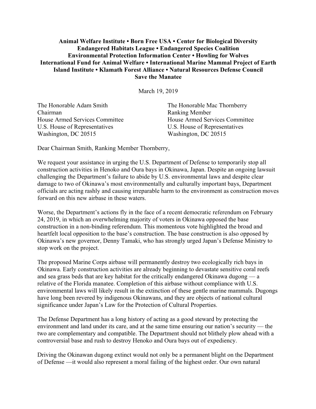 Letter to House Armed Services Committee Regarding Okinawa