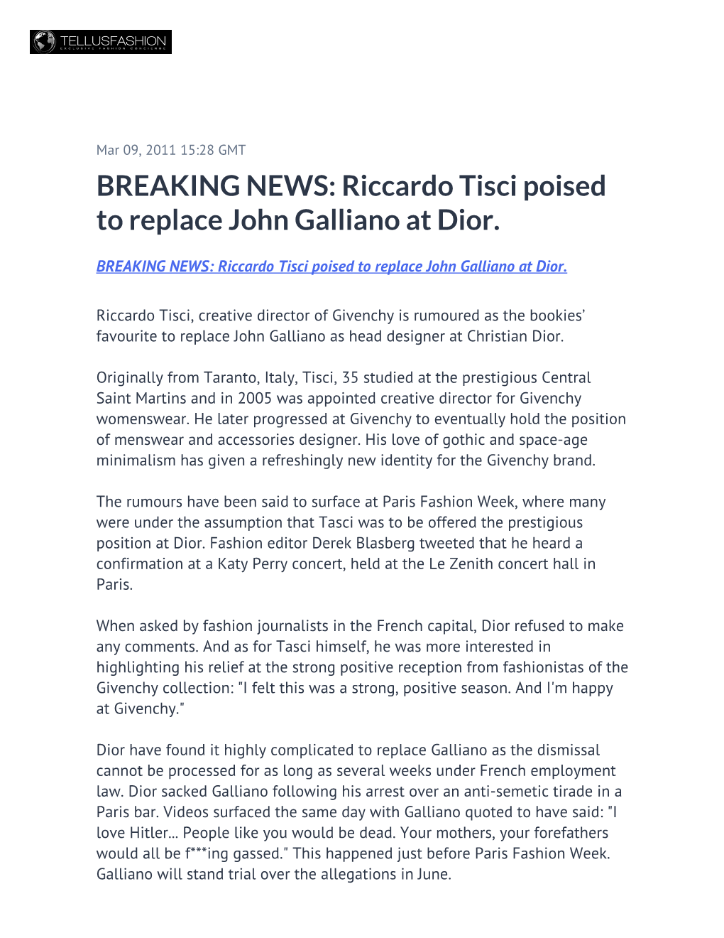 Riccardo Tisci Poised to Replace John Galliano at Dior