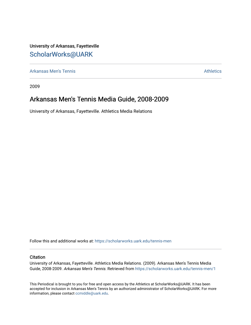 Arkansas Men's Tennis Media Guide, 2008-2009