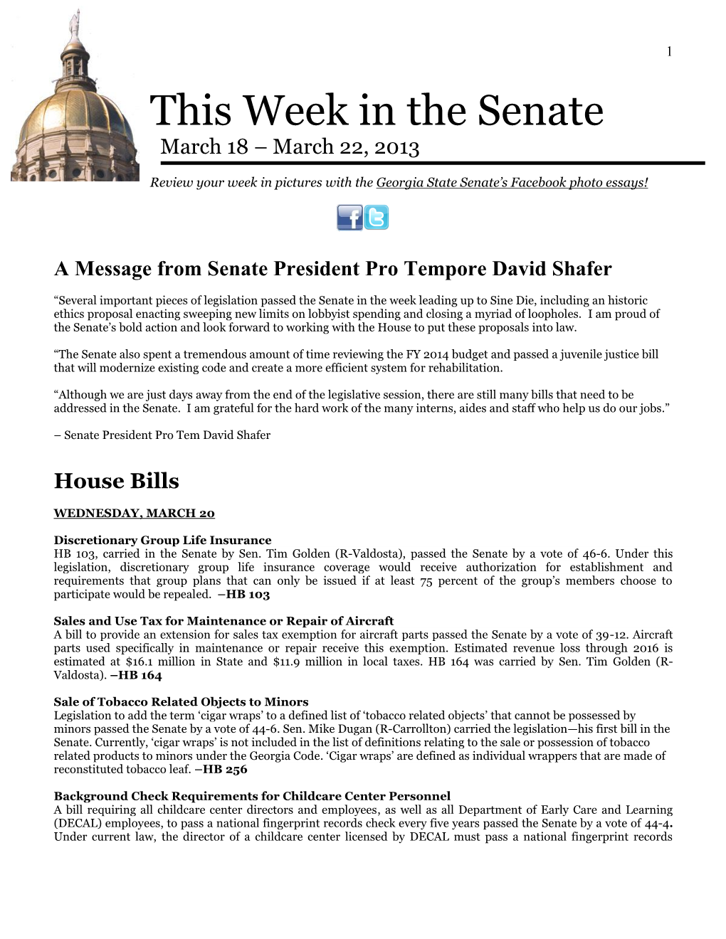 This Week in the Senate March 18 – March 22, 2013