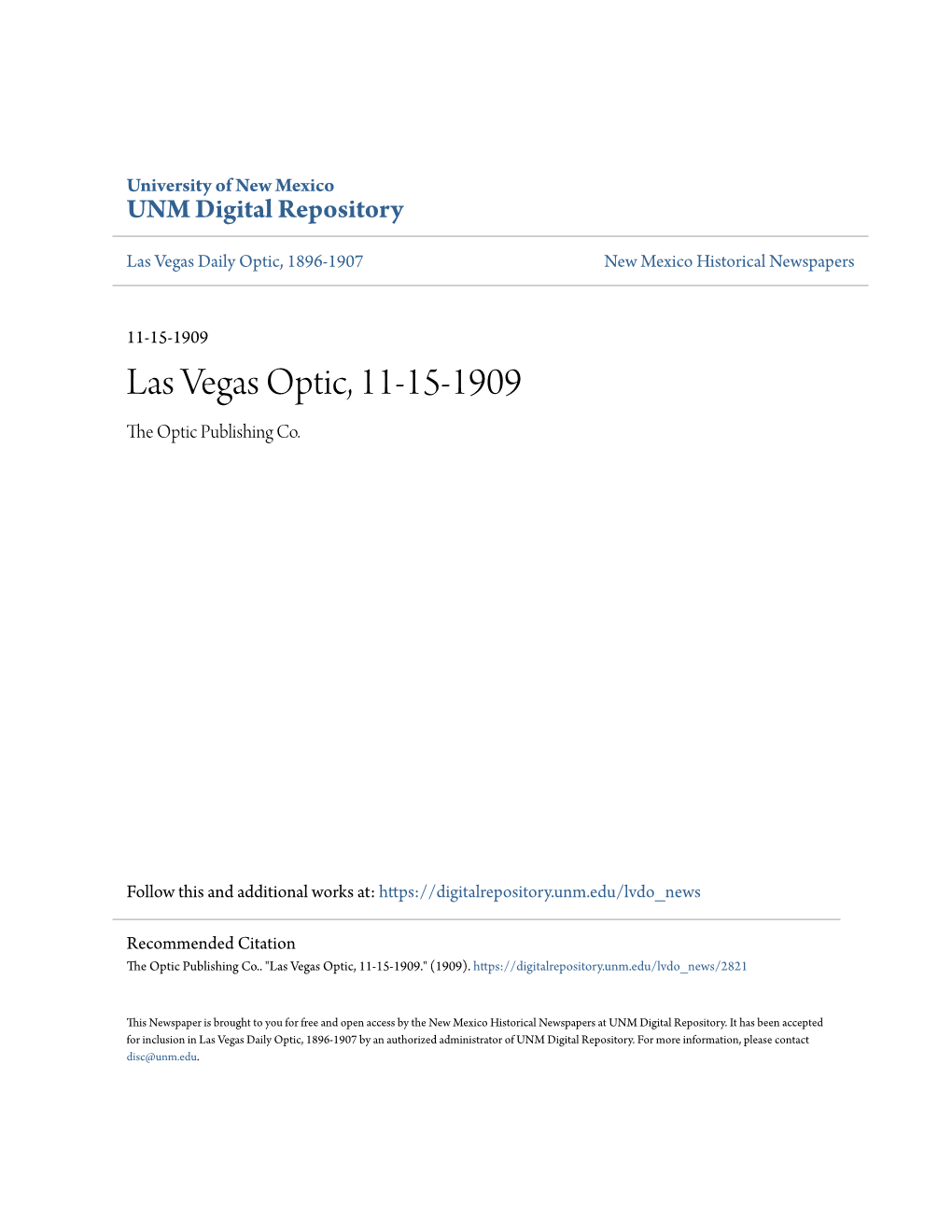 Las Vegas Optic, 11-15-1909 the Optic Publishing Co