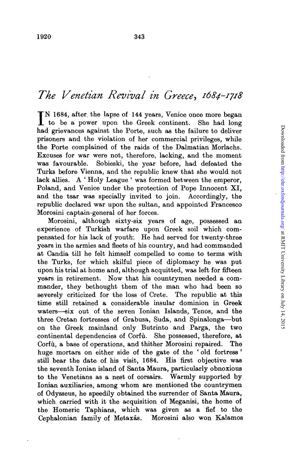 The Venetian Revival in Greece^ 1684-1J18