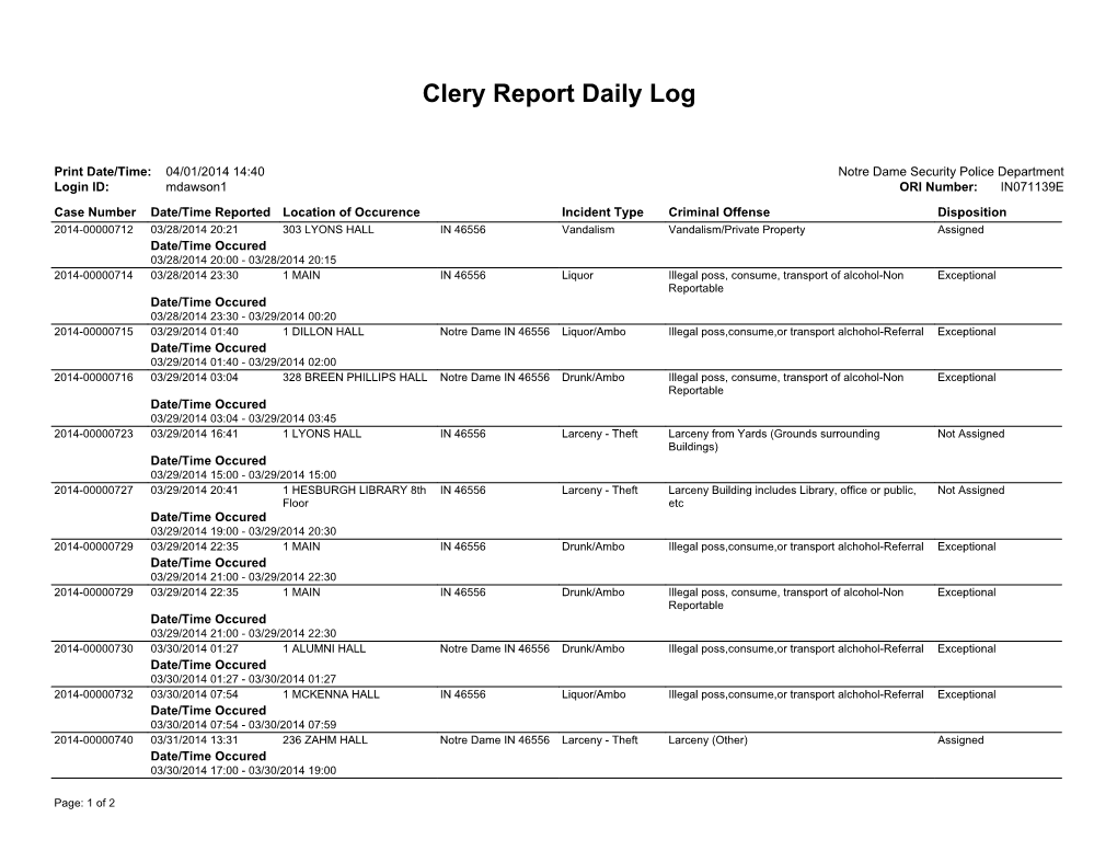 Clery Report Daily Log