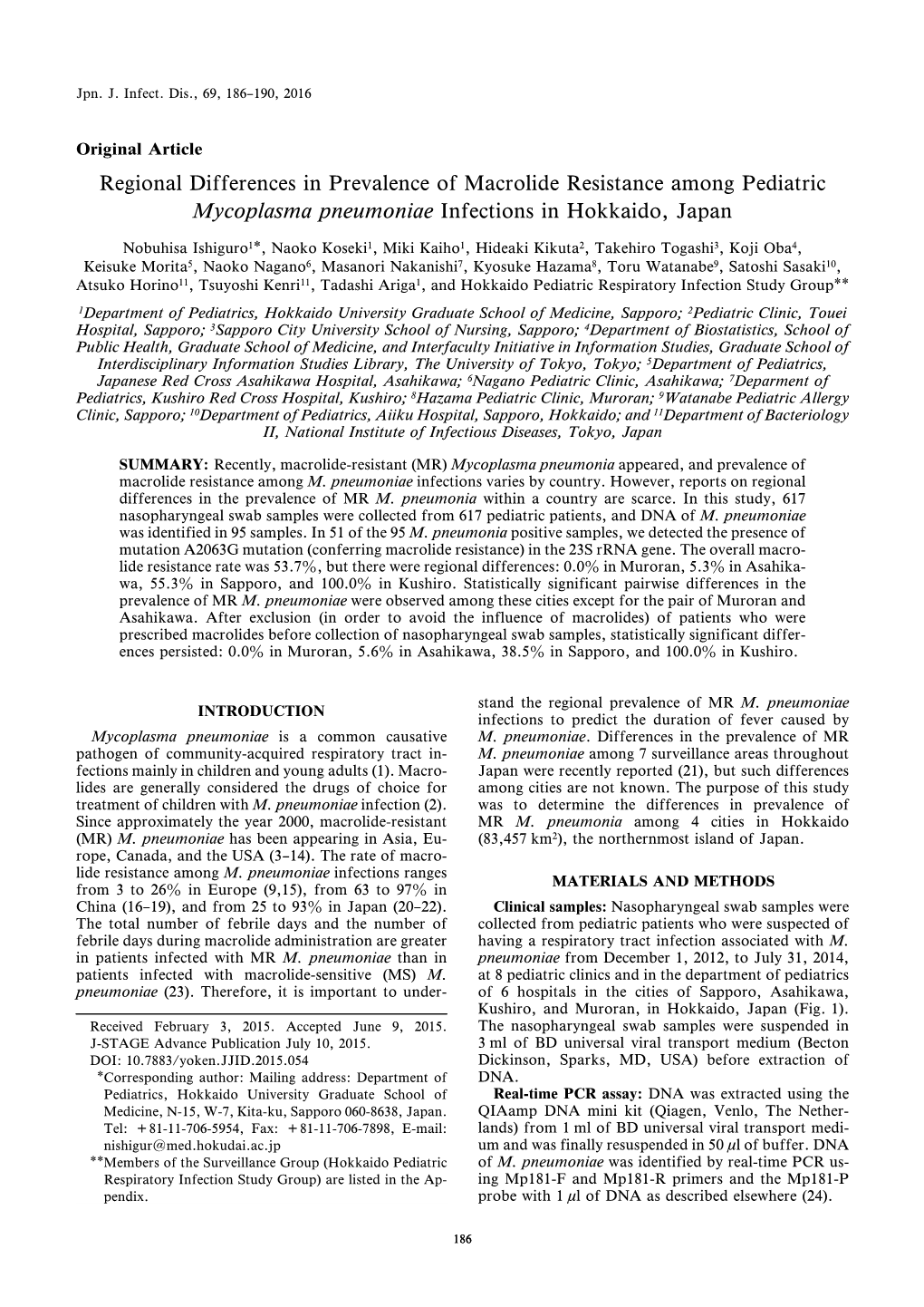 Regional Differences in Prevalence of Macrolide Resistance Among Pediatric Mycoplasma Pneumoniae Infections in Hokkaido, Japan