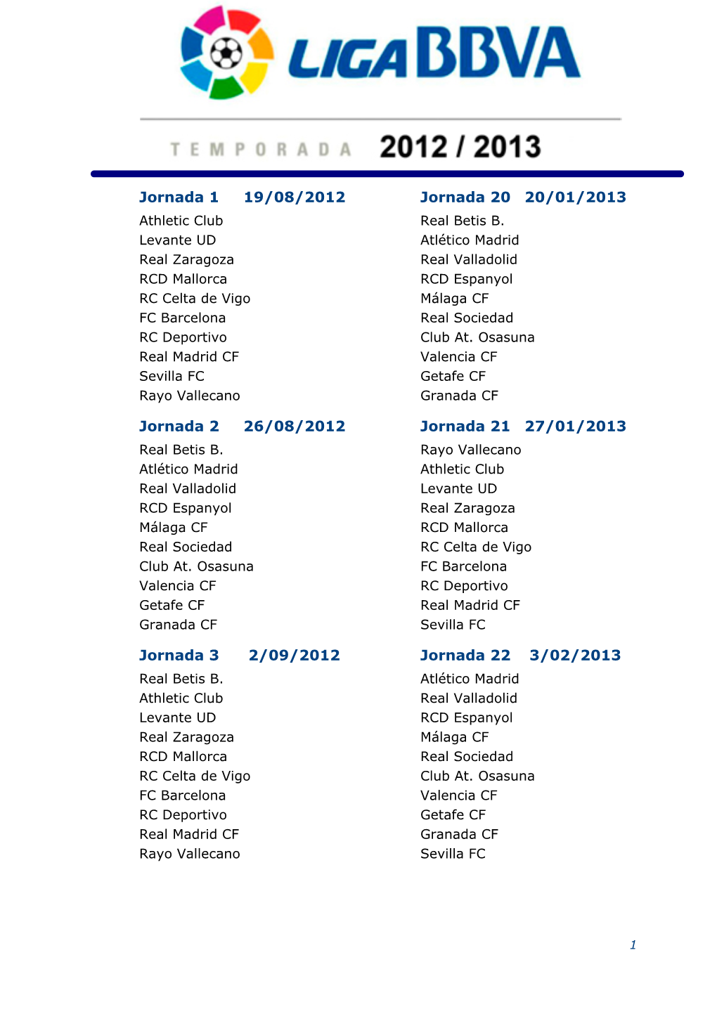 Campeonato Nacional De Liga Calendario De Primera División Temporada 2012-2013