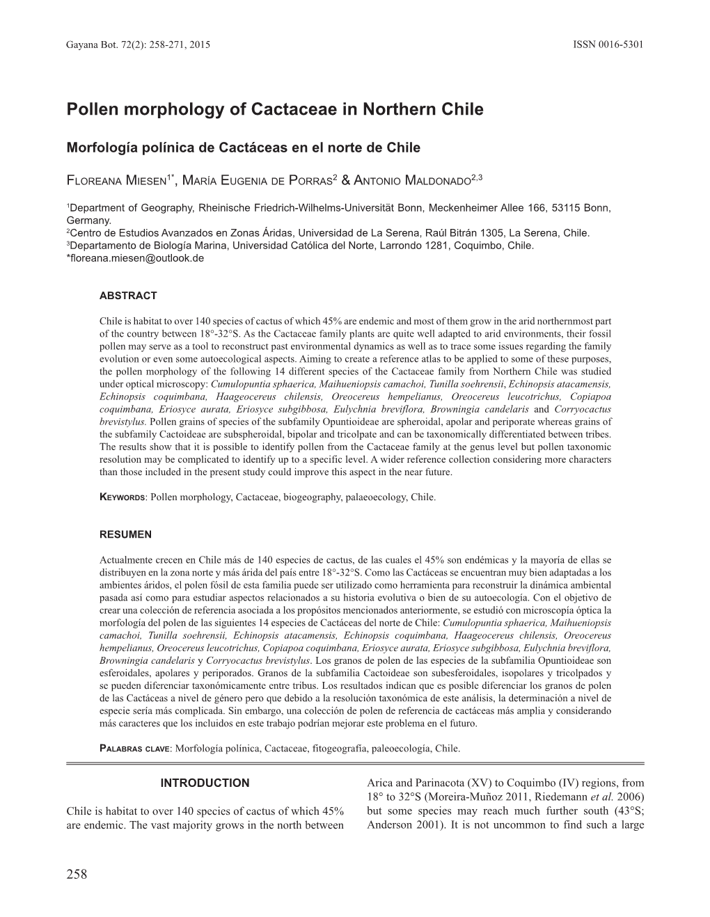 Pollen Morphology of Cactaceae in Northern Chile