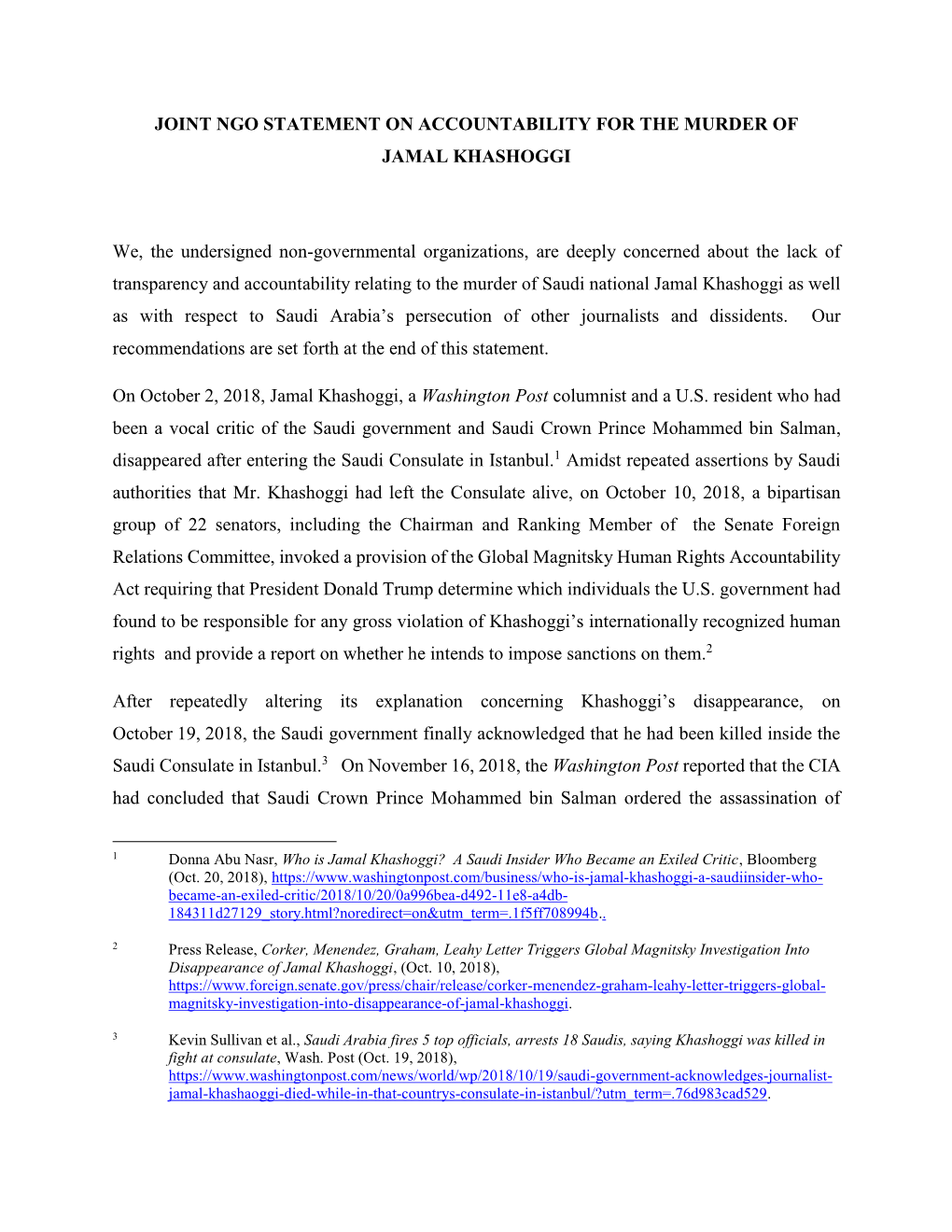 Joint Ngo Statement on Accountability for the Murder of Jamal Khashoggi