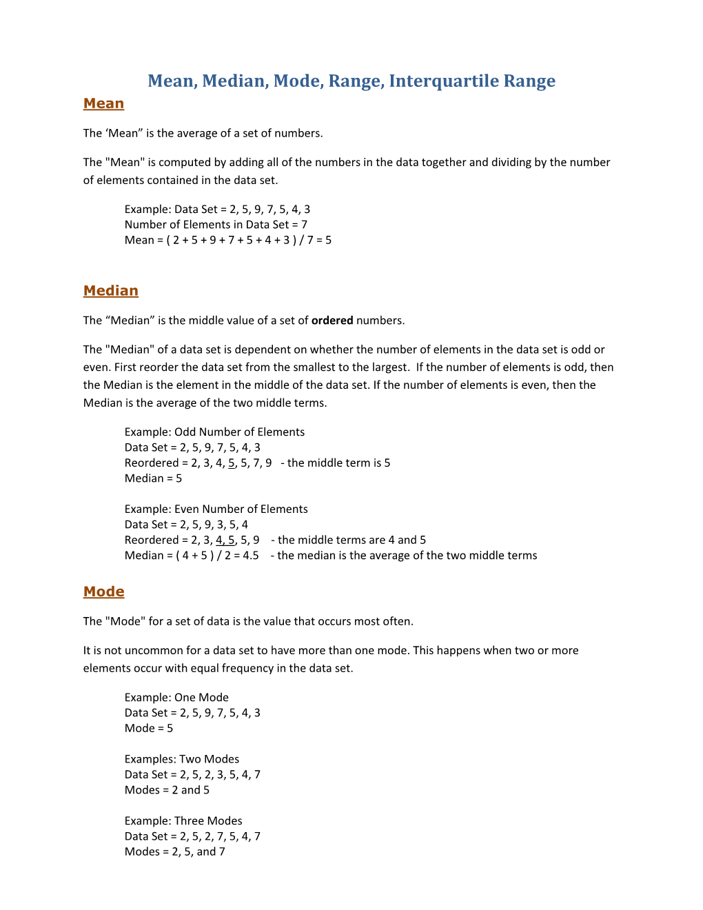 Mean, Median, Mode, Range, Interquartile Range Mean