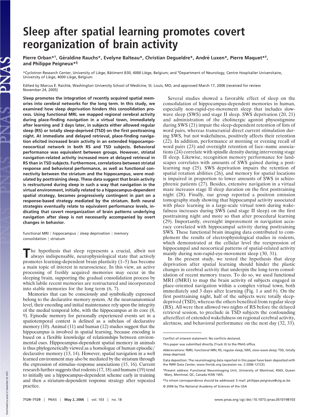 Sleep After Spatial Learning Promotes Covert Reorganization of Brain Activity