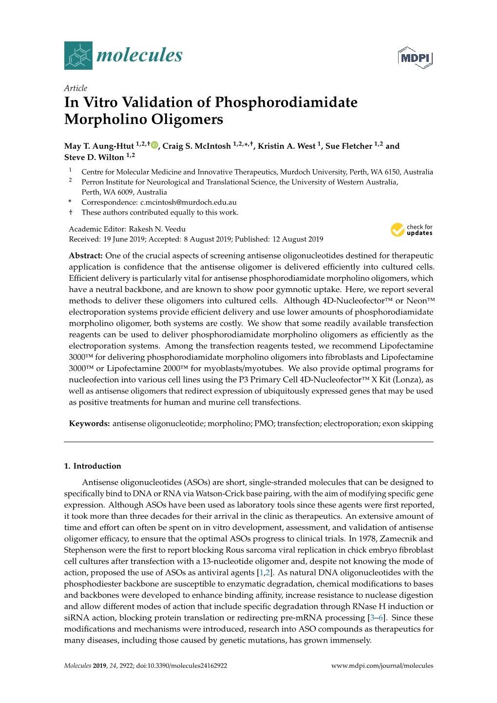 In Vitro Validation of Phosphorodiamidate Morpholino Oligomers