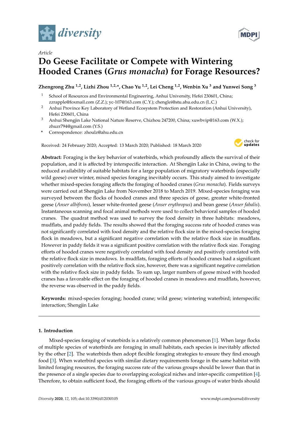 Do Geese Facilitate Or Compete with Wintering Hooded Cranes (Grus Monacha) for Forage Resources?