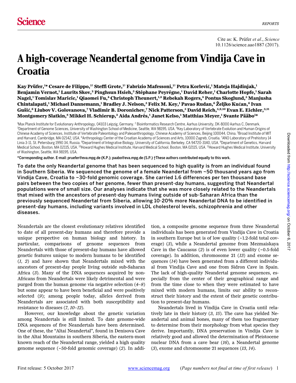A High-Coverage Neandertal Genome from Vindija Cave in Croatia