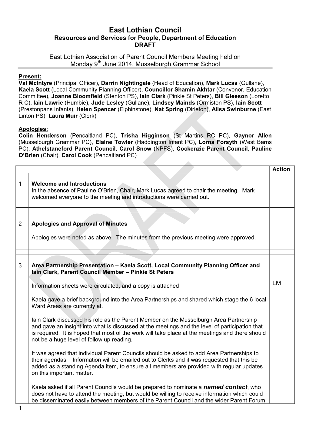 East Lothian Council Resources and Services for People, Department of Education DRAFT