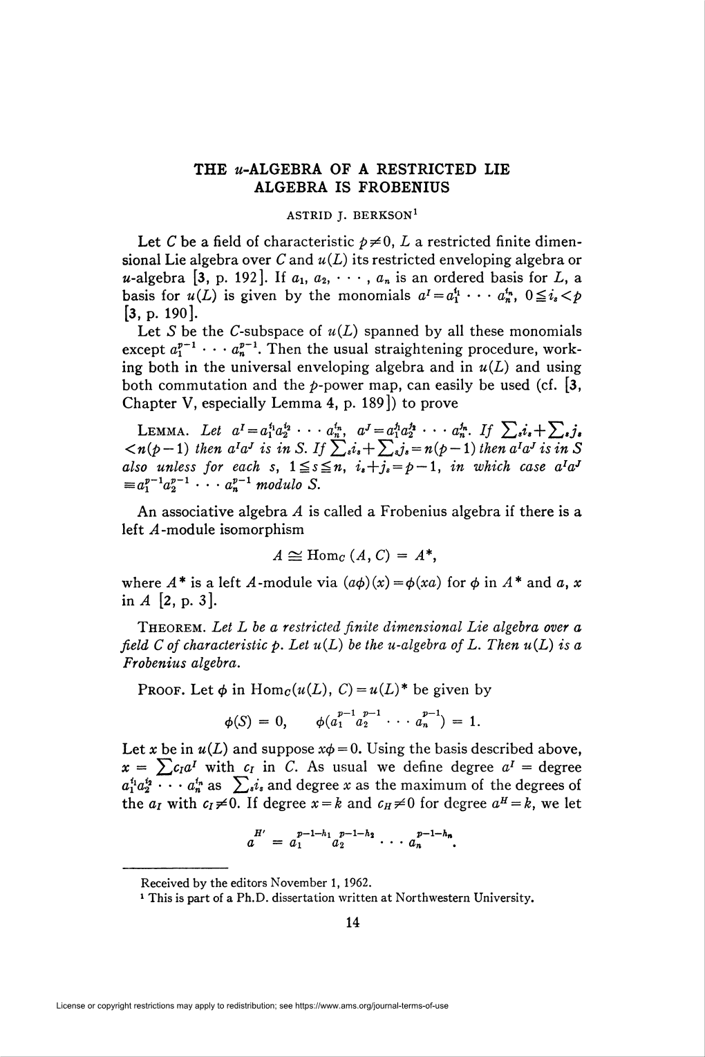 The «-Algebra of a Restricted Lie Algebra Is Frobenius