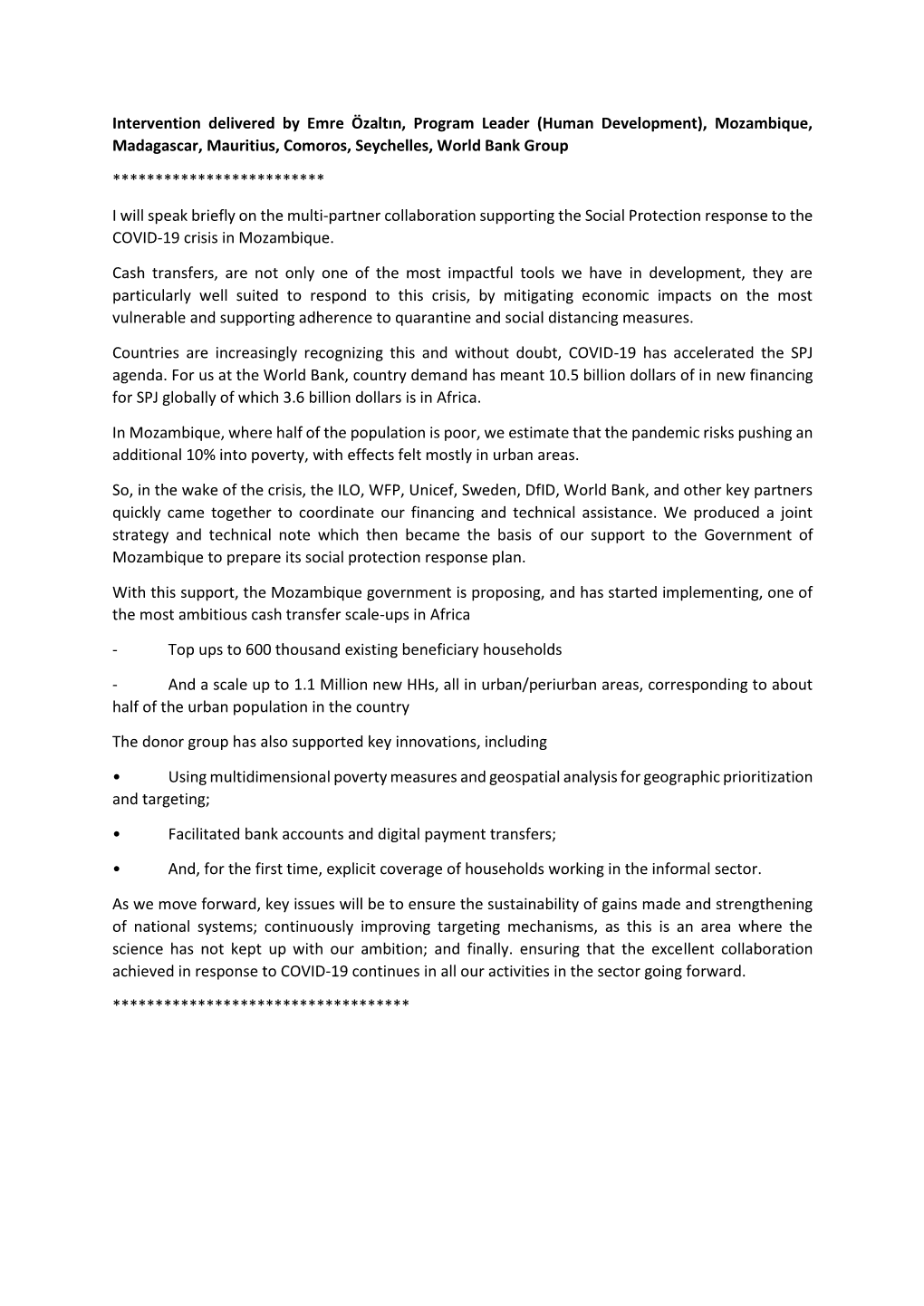 Intervention Delivered by Emre Özaltın, Program Leader (Human Development), Mozambique, Madagascar, Mauritius, Comoros, Seychelles, World Bank Group