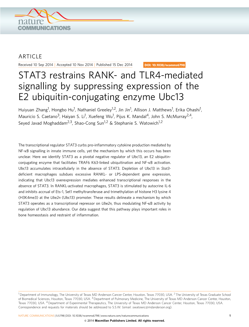 STAT3 Restrains RANK- and TLR4-Mediated Signalling by Suppressing Expression of the E2 Ubiquitin-Conjugating Enzyme Ubc13