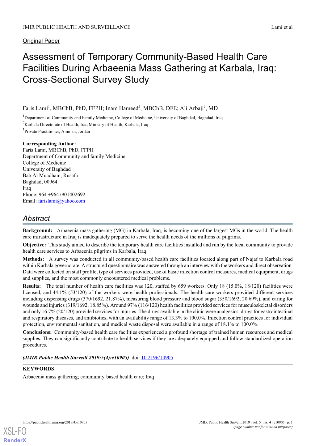 Assessment of Temporary Community-Based Health Care Facilities During Arbaeenia Mass Gathering at Karbala, Iraq: Cross-Sectional Survey Study