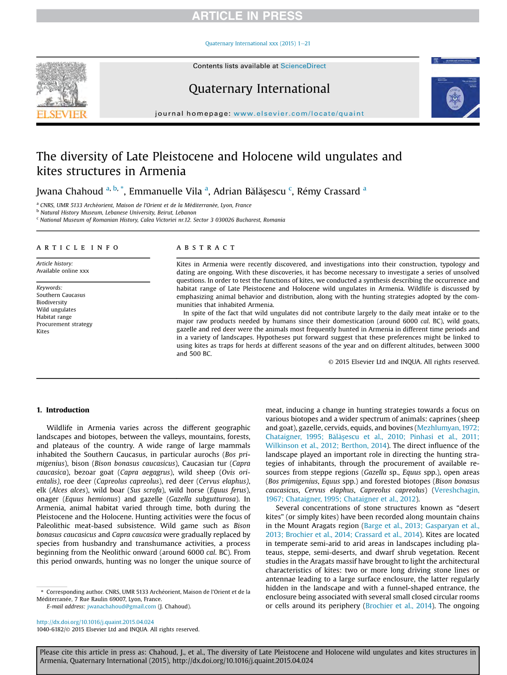 The Diversity of Late Pleistocene and Holocene Wild Ungulates and Kites Structures in Armenia