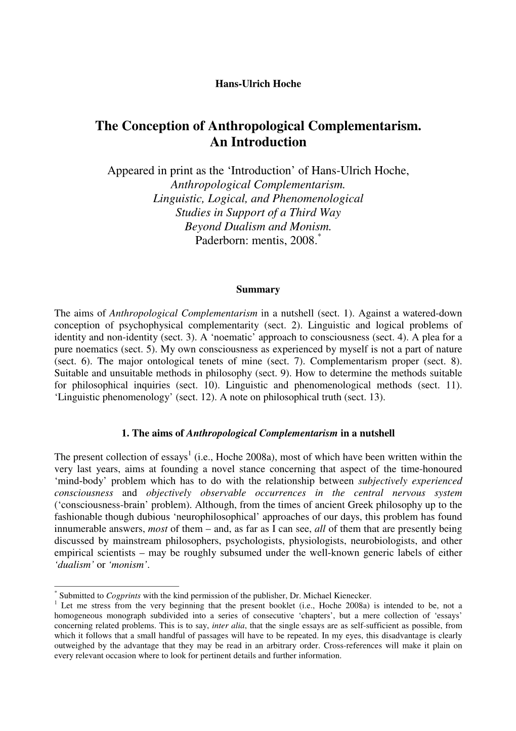 The Conception of Anthropological Complementarism. an Introduction