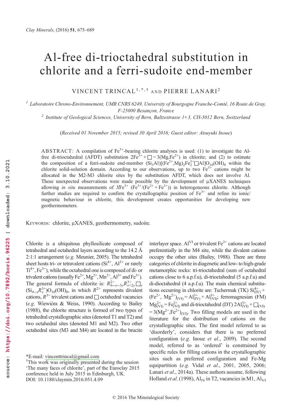 Al-Free Di-Trioctahedral Substitution in Chlorite and a Ferri-Sudoite End-Member 683