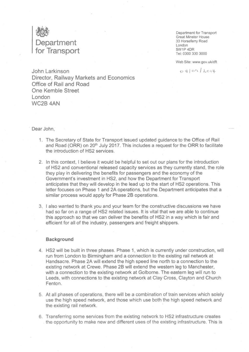 Letter from the Department for Transport to the Office of Rail and Road on HS2 Track Access Issues