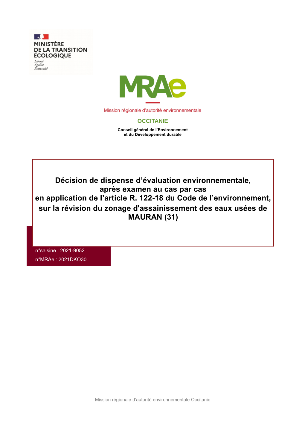 Décision De Dispense D'évaluation Environnementale