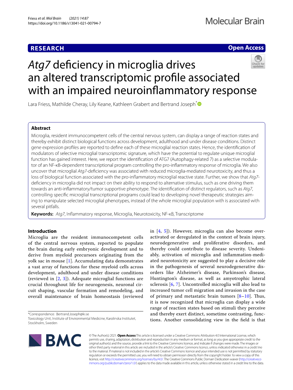 Atg7 Deficiency in Microglia Drives an Altered Transcriptomic Profile Associated with an Impaired Neuroinflammatory Response