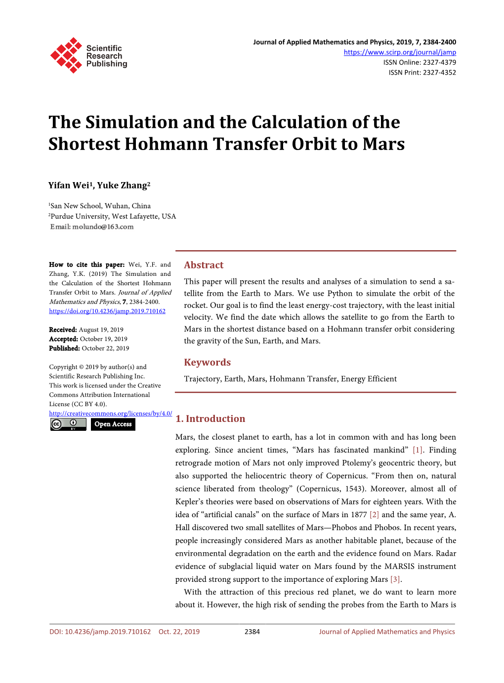 The Simulation and the Calculation of the Shortest Hohmann Transfer Orbit to Mars