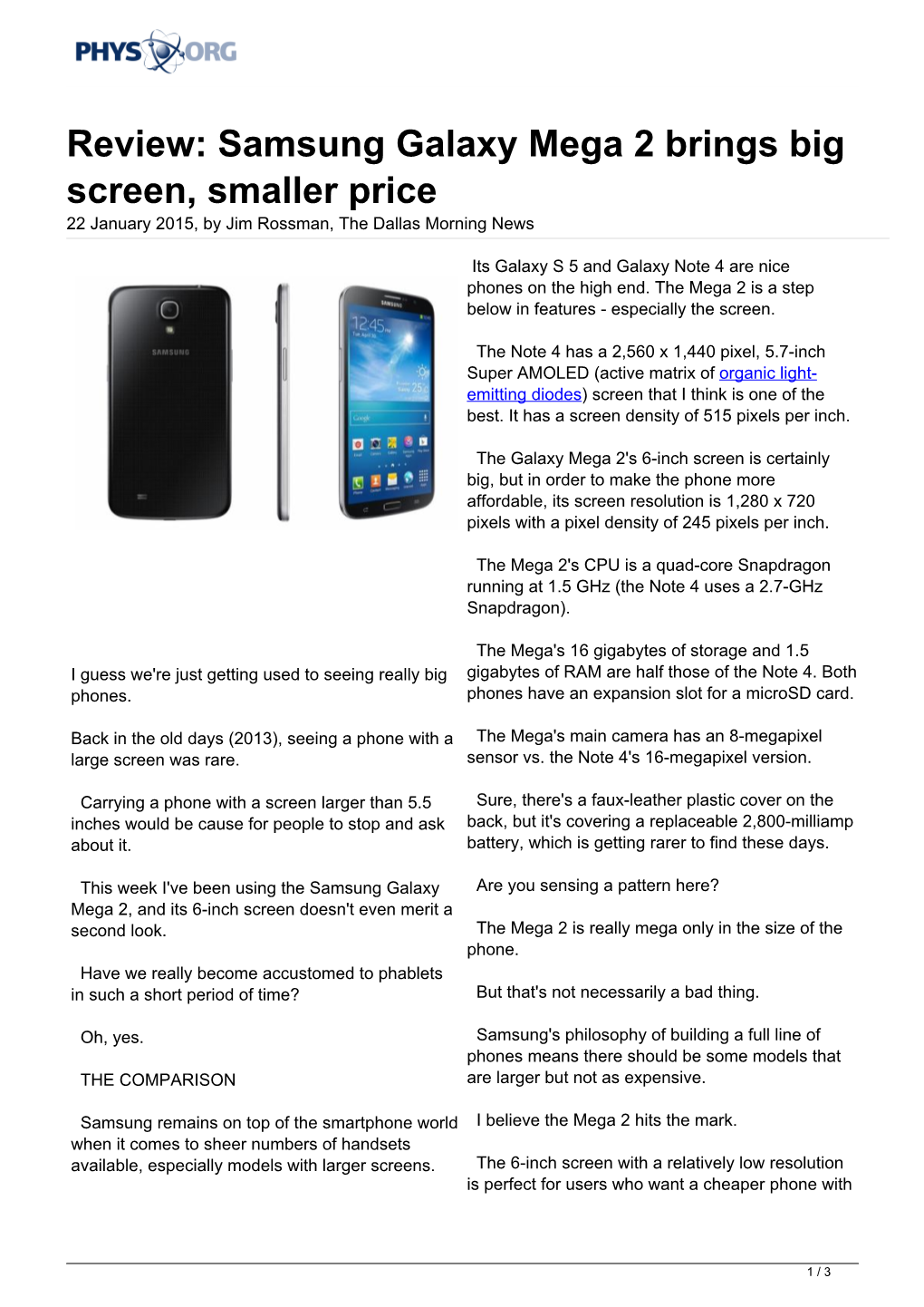 Samsung Galaxy Mega 2 Brings Big Screen, Smaller Price 22 January 2015, by Jim Rossman, the Dallas Morning News