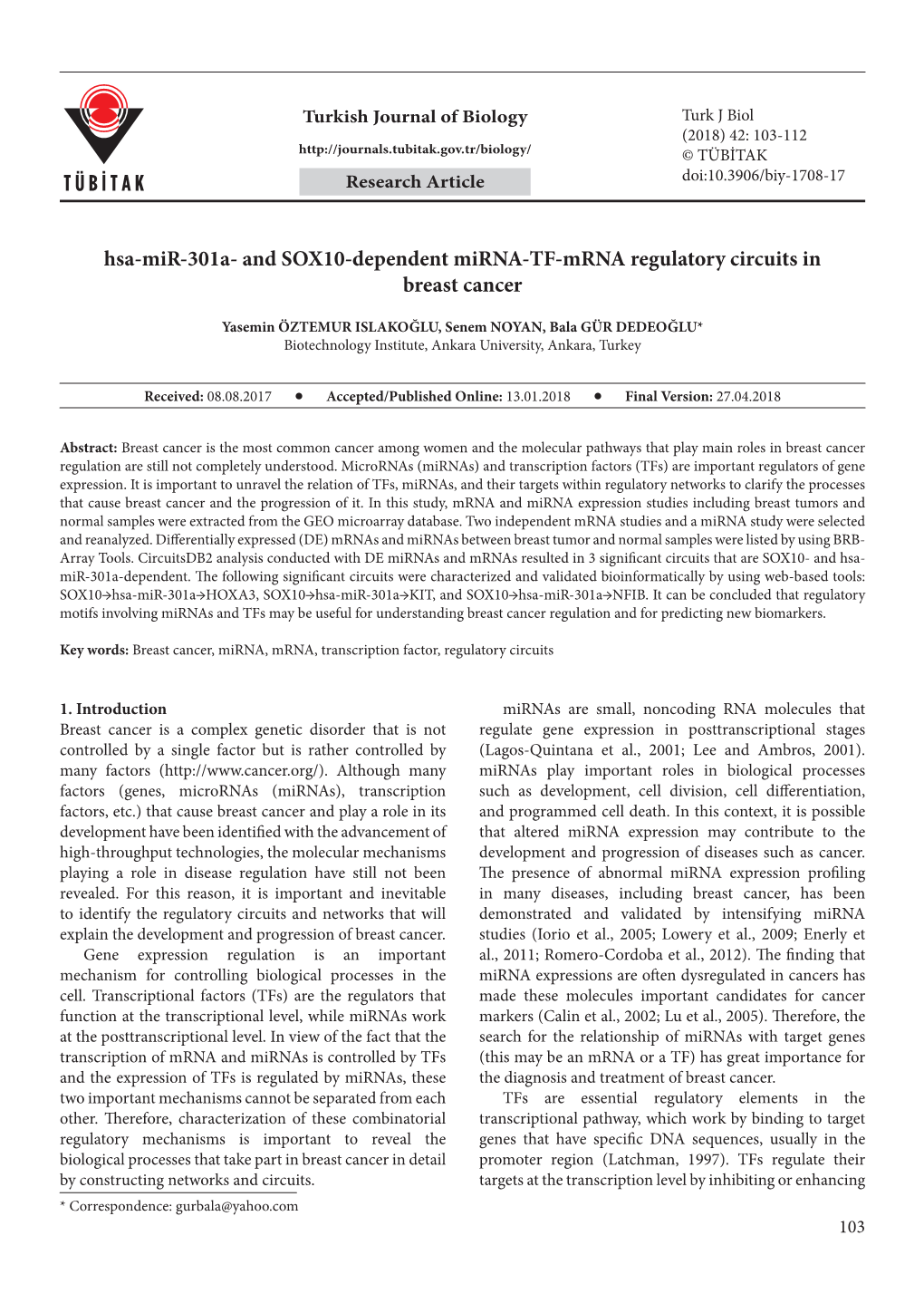 Hsa-Mir-301A- and SOX10-Dependent Mirna-TF-Mrna Regulatory Circuits in Breast Cancer