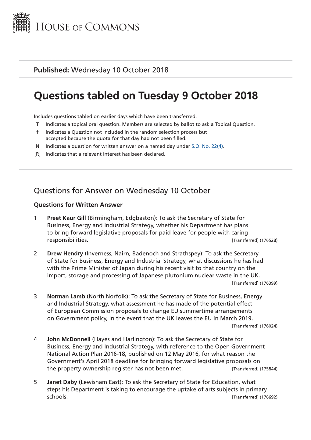 Questions Tabled on Tue 9 Oct 2018