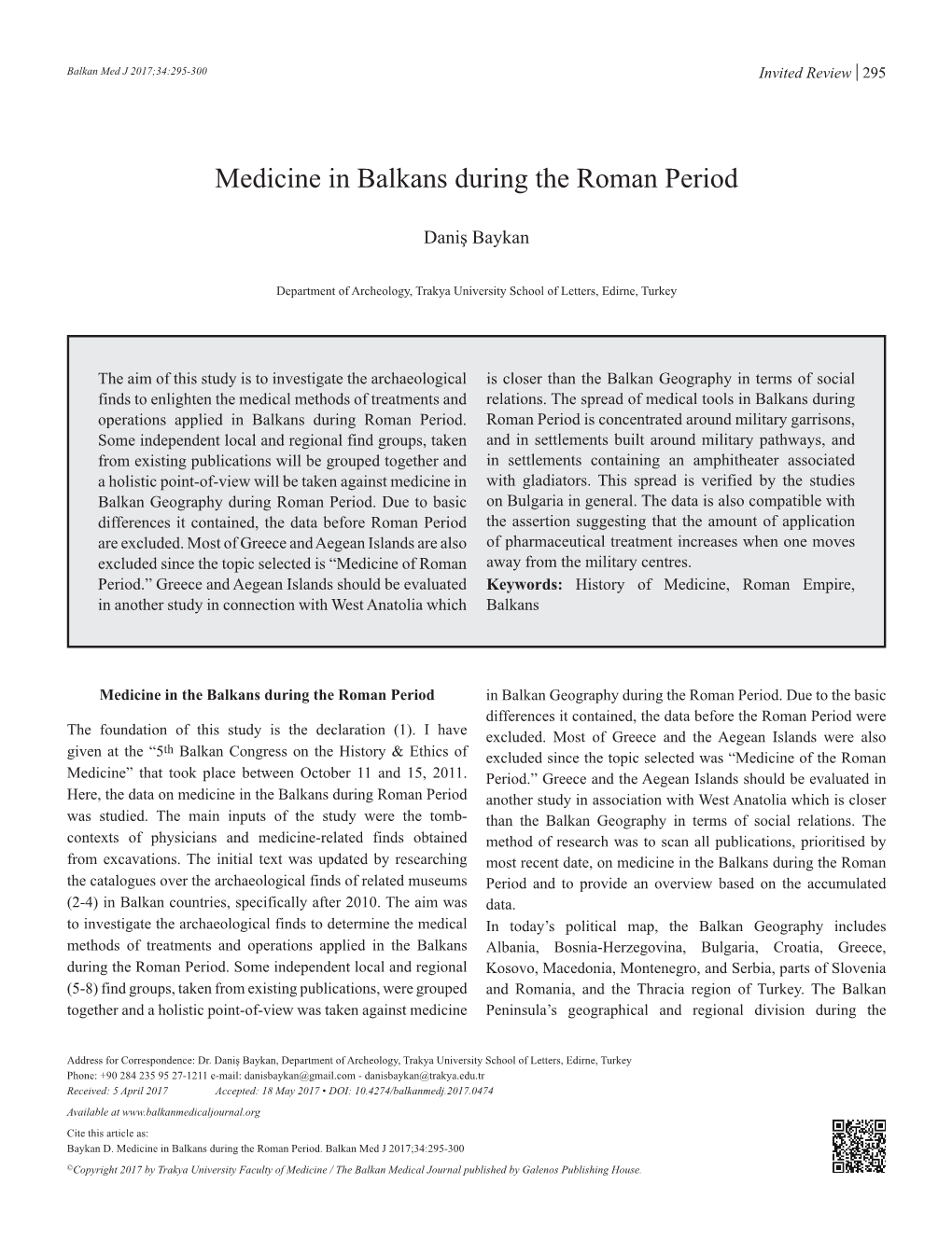 Medicine in Balkans During the Roman Period