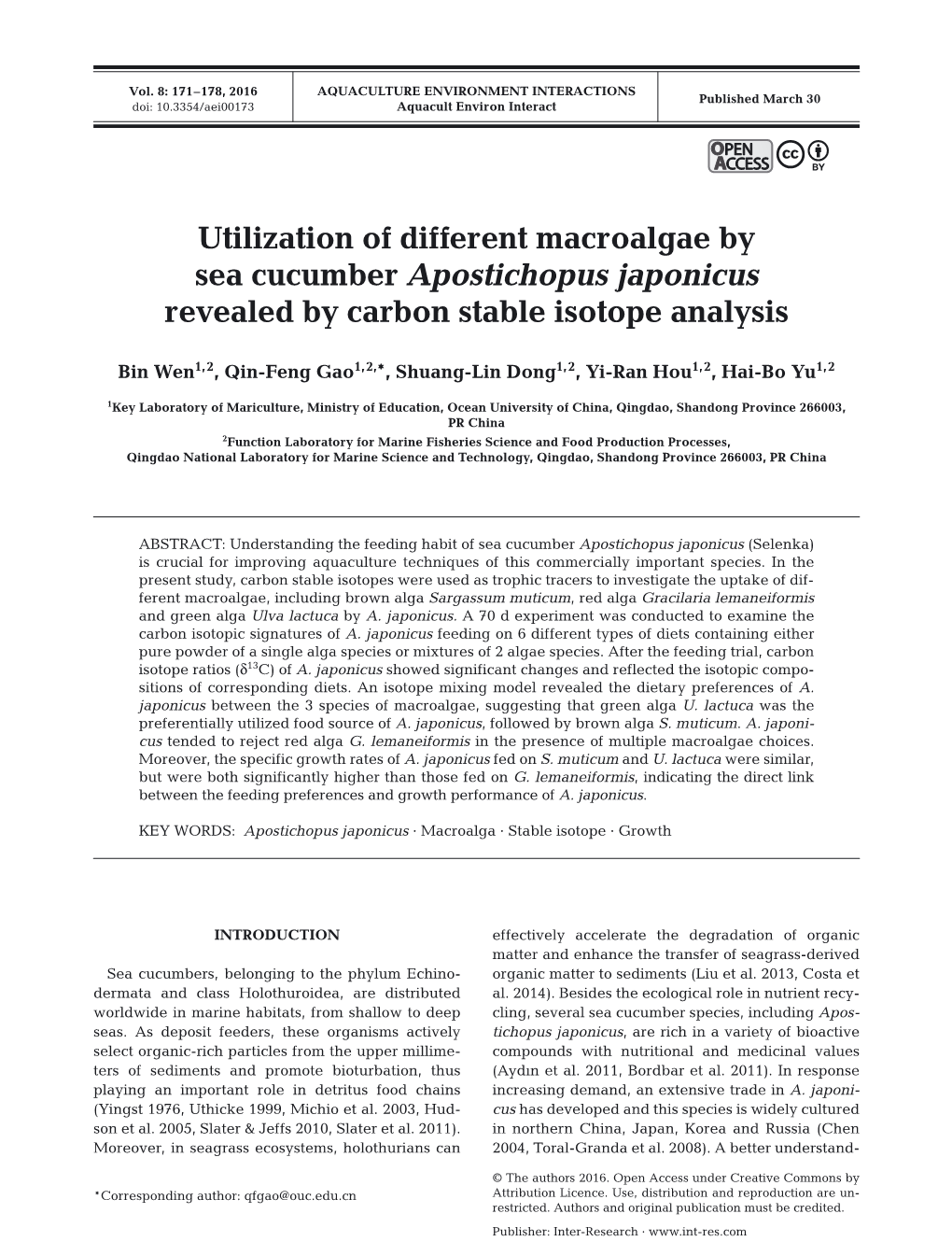 Utilization of Different Macroalgae by Sea Cucumber Apostichopus Japonicus Revealed by Carbon Stable Isotope Analysis