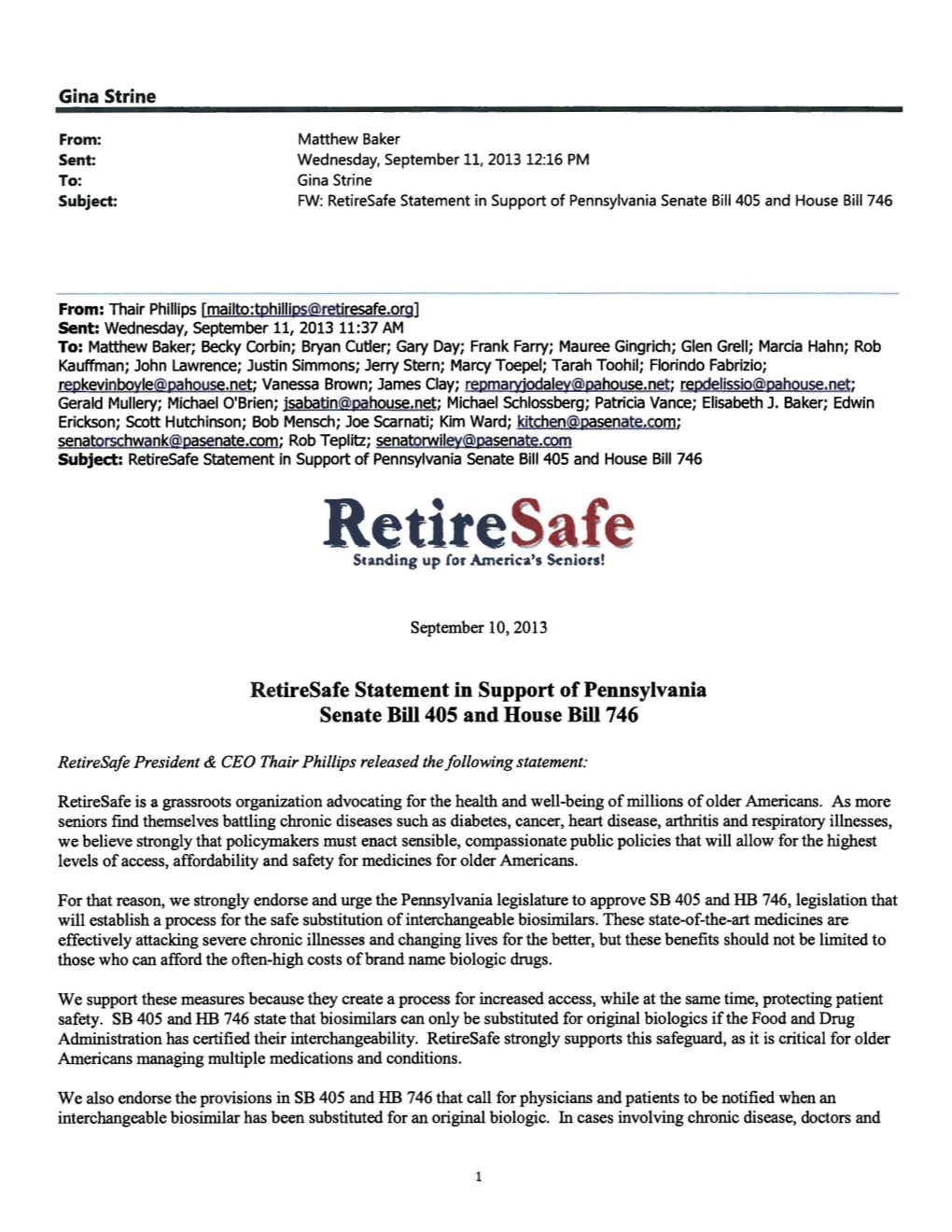 Retiresafe Statement in Support of Pennsylvania Senate Bill 405 and House Bill 746