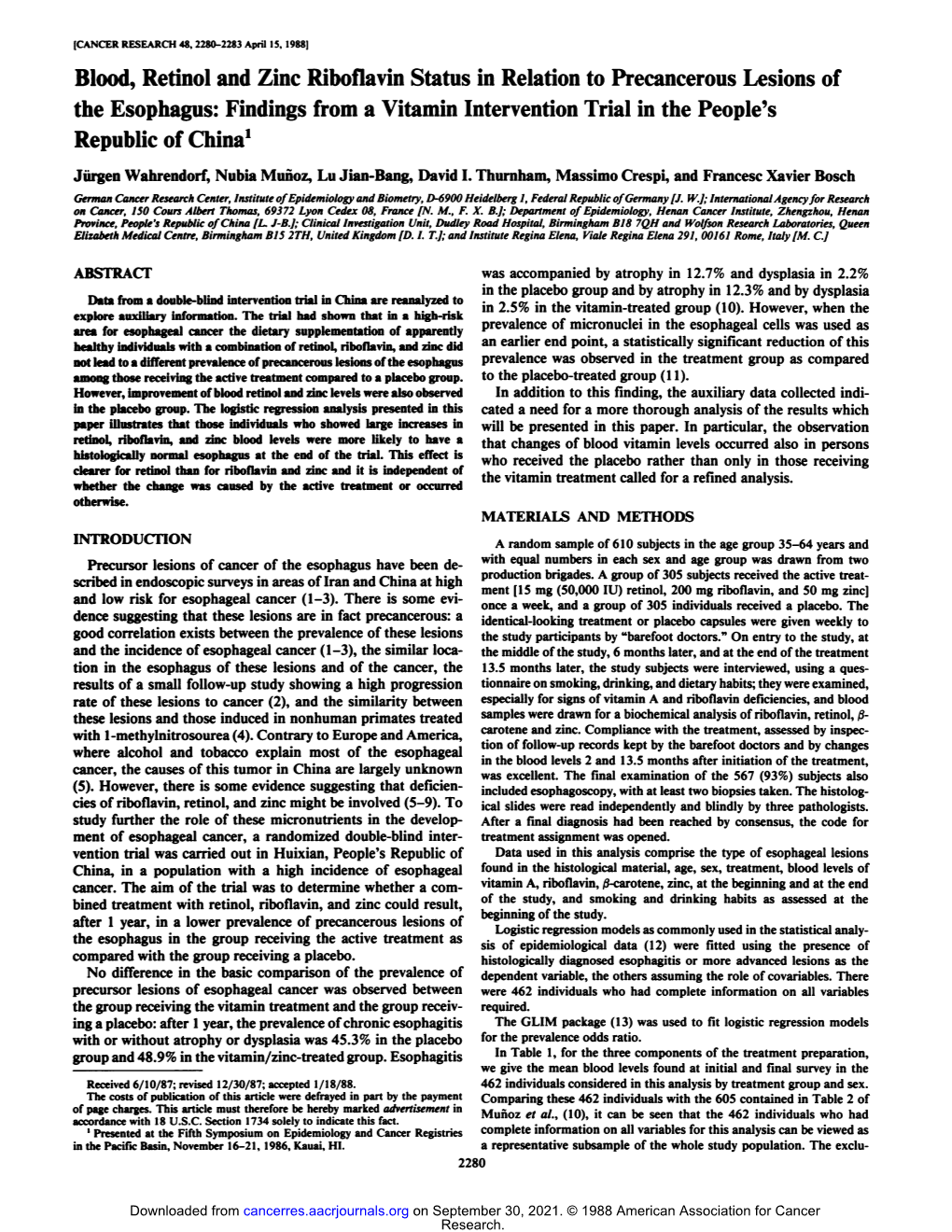 Blood, Retinol and Zinc Riboflavin Status in Relation to Precancerous Lesions of the Esophagus