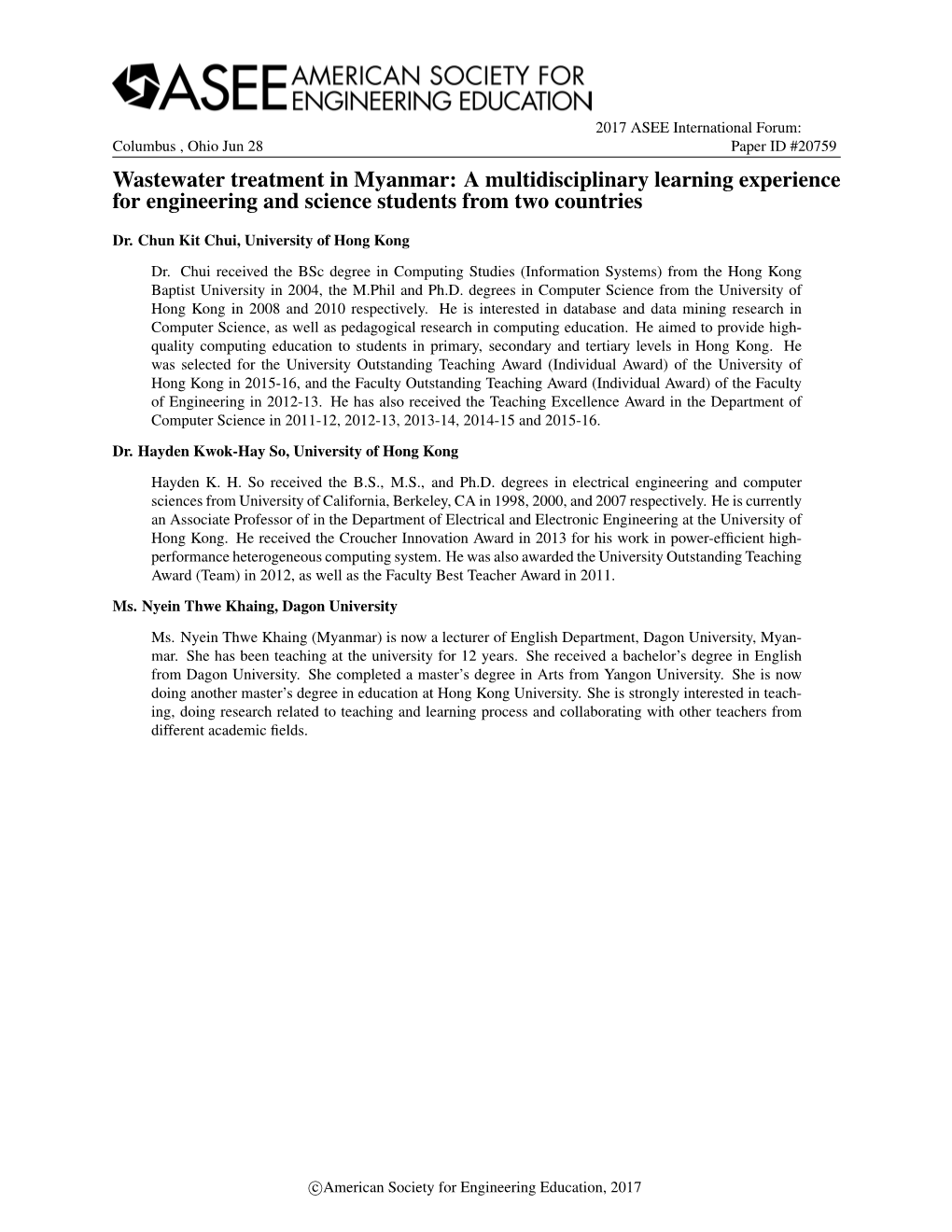 Wastewater Treatment in Myanmar: a Multidisciplinary Learning Experience for Engineering and Science Students from Two Countries