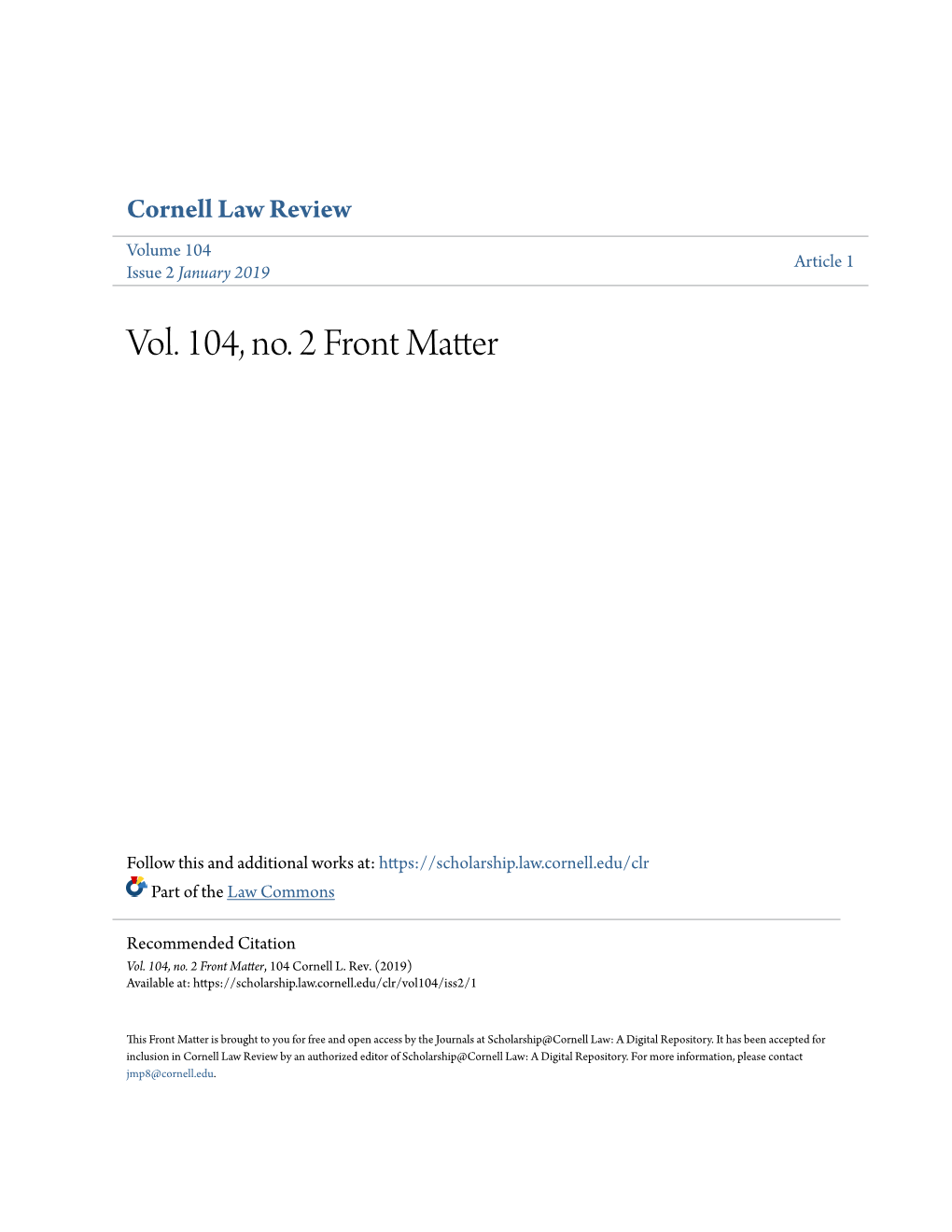 Vol. 104, No. 2 Front Matter