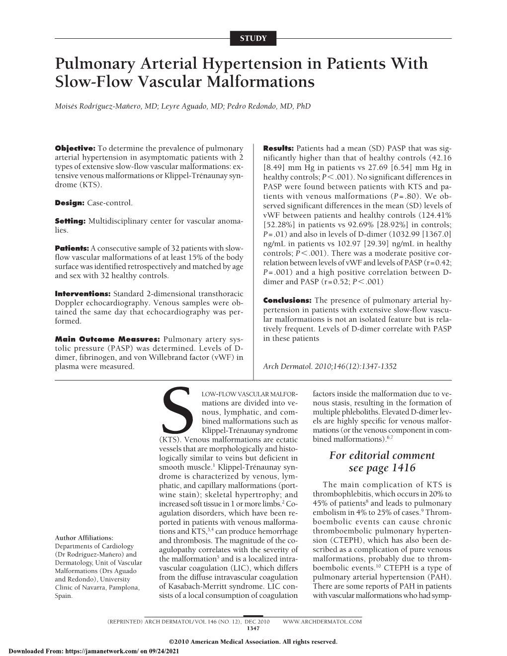 Pulmonary Arterial Hypertension in Patients with Slow-Flow Vascular Malformations