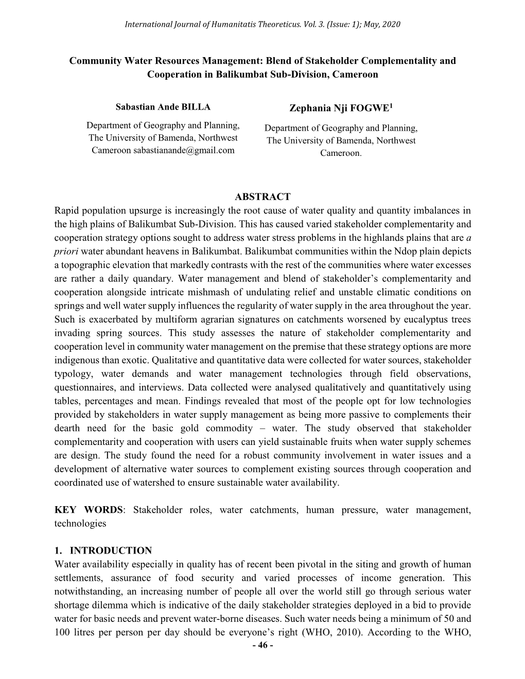 Community Water Resources Management: Blend of Stakeholder Complementality and Cooperation in Balikumbat Sub-Division, Cameroon