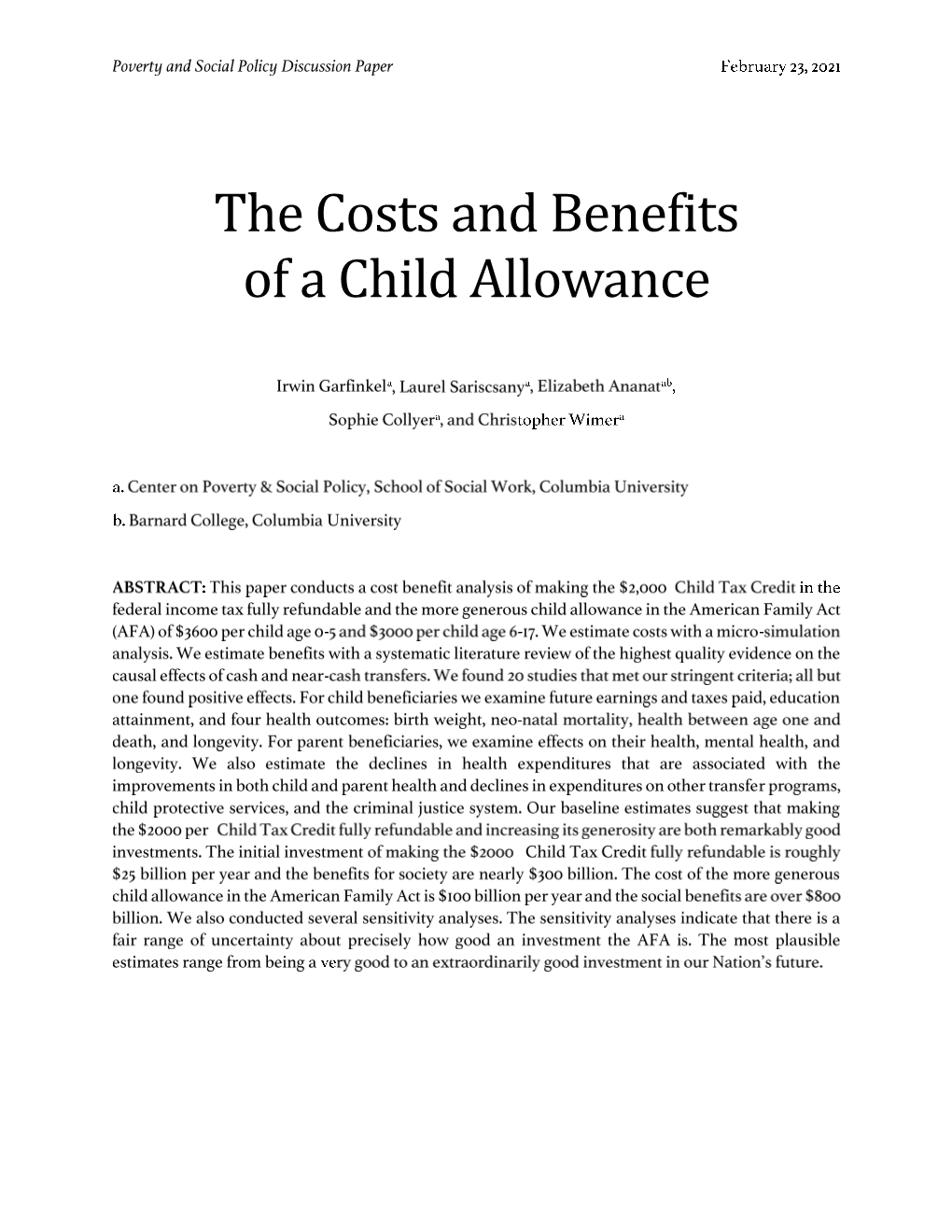 The Costs and Benefits of a Child Allowance I