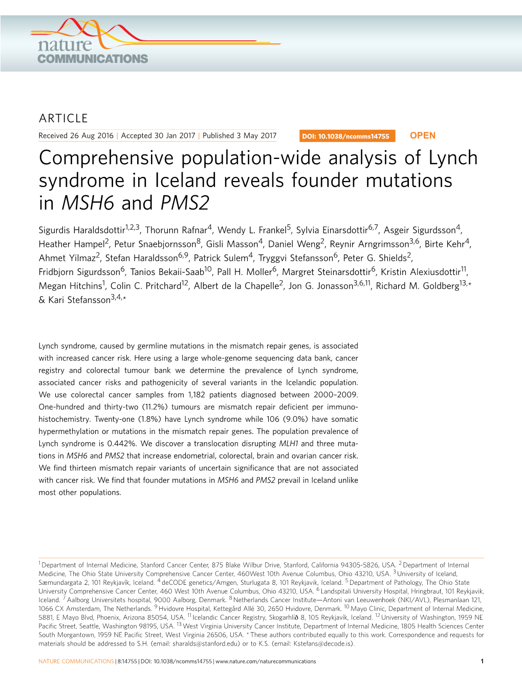 Comprehensive Population-Wide Analysis of Lynch Syndrome in Iceland Reveals Founder Mutations in MSH6 and PMS2