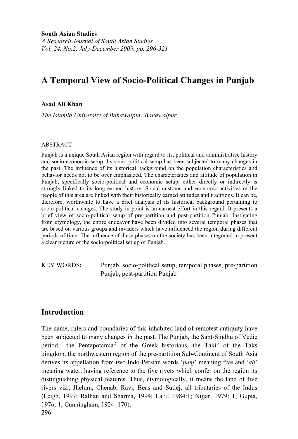 A Temporal View of Socio Political Changes in Punjab