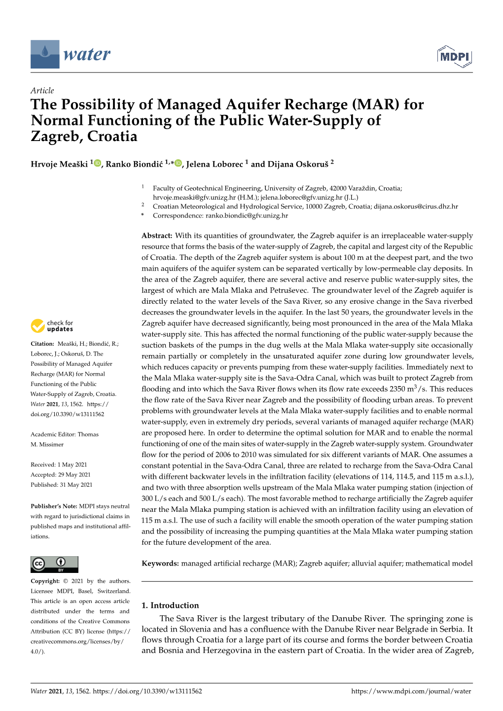 The Possibility of Managed Aquifer Recharge (MAR) for Normal Functioning of the Public Water-Supply of Zagreb, Croatia