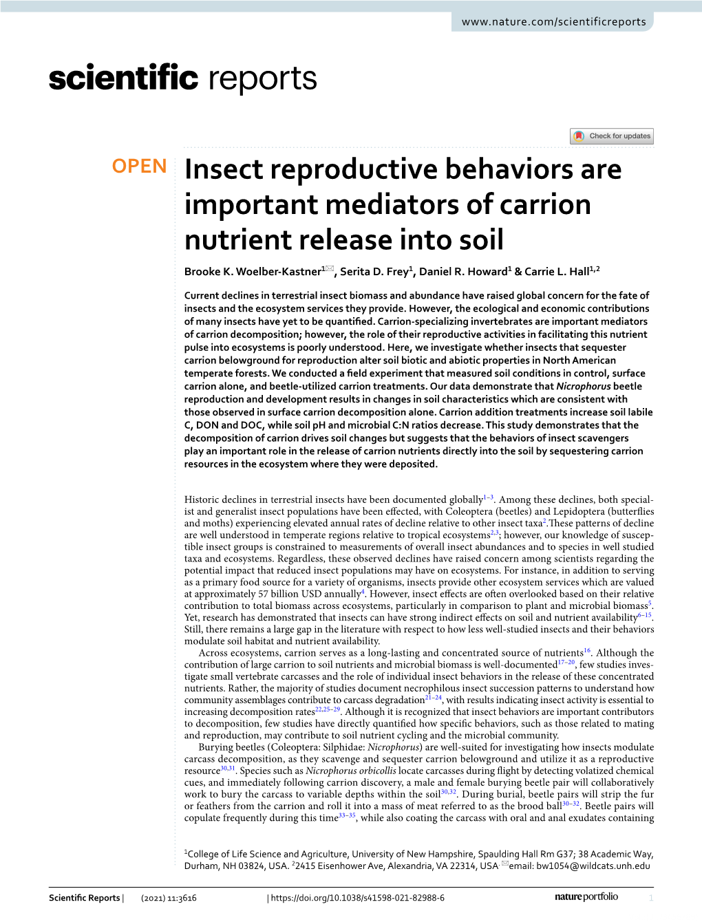 Insect Reproductive Behaviors Are Important Mediators of Carrion Nutrient Release Into Soil Brooke K