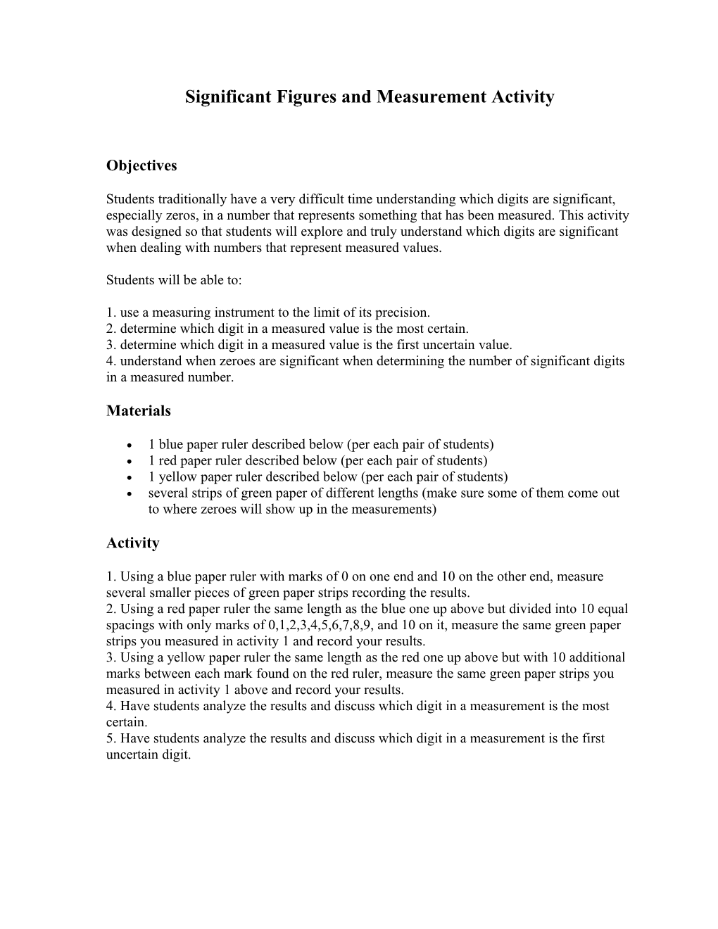 Significant Figures And Measurement Activity