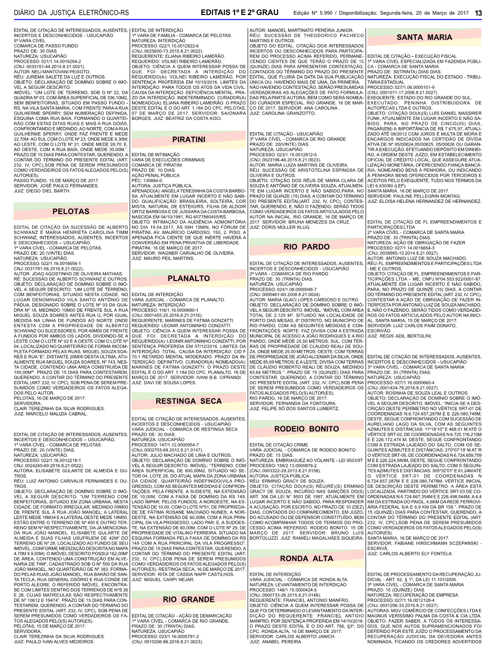 Editais 1º E 2º Grau Pelotas Piratini Planalto Restinga Seca Rio Grande Rio Pardo Rodeio Bonito Ronda Alta Santa Maria