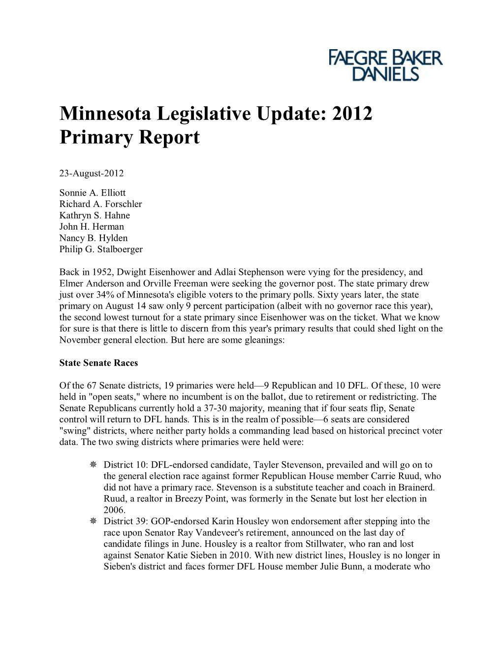 Minnesota Legislative Update: 2012 Primary Report