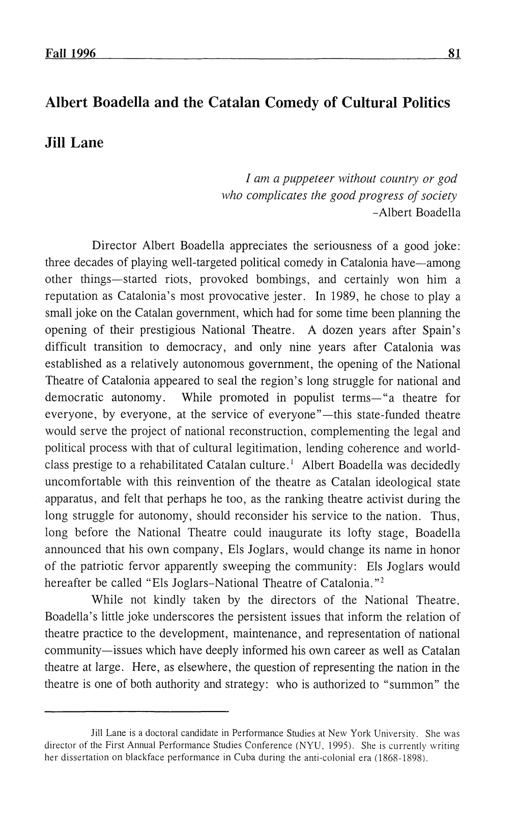 M Albert Boadella and the Catalan Comedy of Cultural Politics Jill Lane