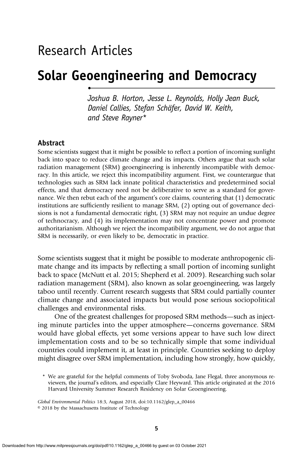 Research Articles Solar Geoengineering and Democracy • Joshua B