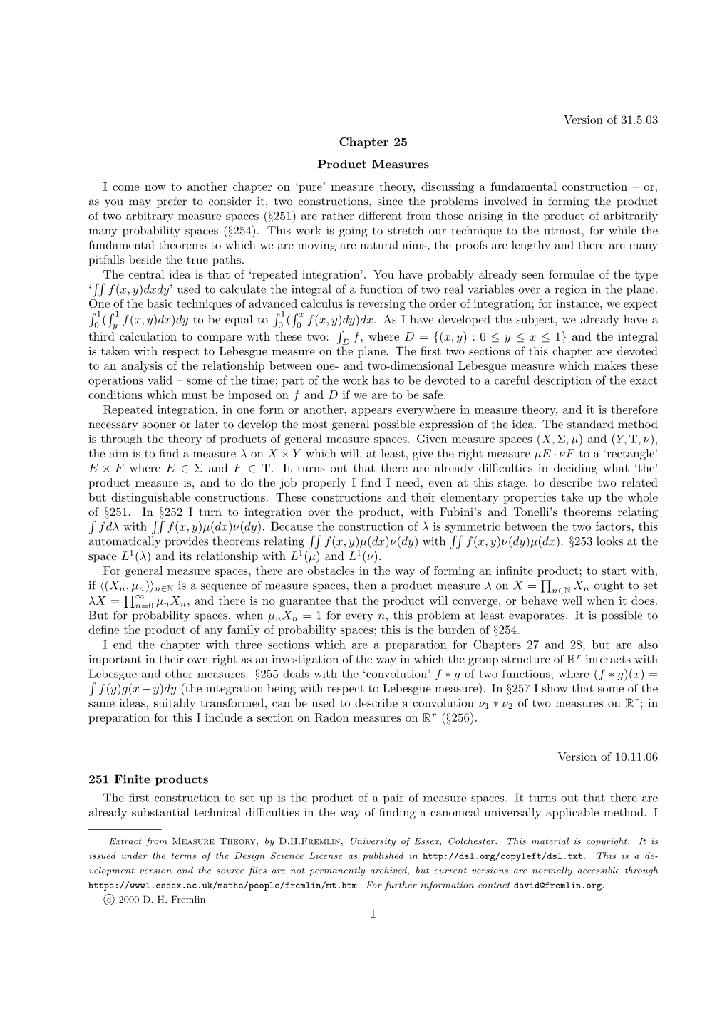 Version of 31.5.03 Chapter 25 Product Measures I Come Now to Another